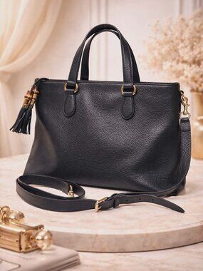 Authentic Gucci Black Leather Tote Bag Bamboo Tassel Crossbody Satchel Gold Hard